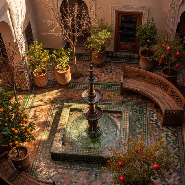 A traditional Moroccan riad courtyard with detailed zellige tilework, flowing fountain… - Krea 2 Large