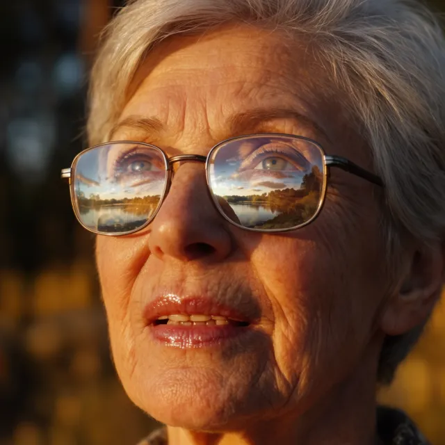 A ultra high-resolution portrait of an elderly woman with silver hair and bifocal… - Krea 2 Large