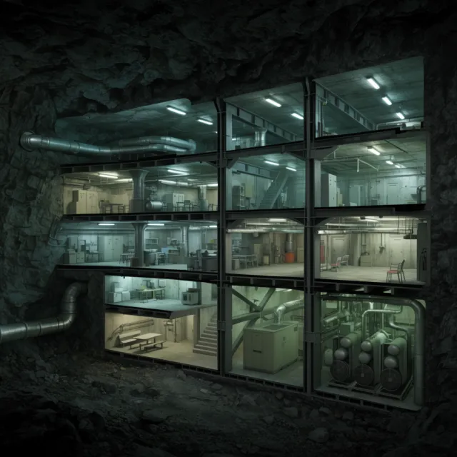 Cross-section rendering of a multi-level underground bunker with different functional… - Krea 2 Large