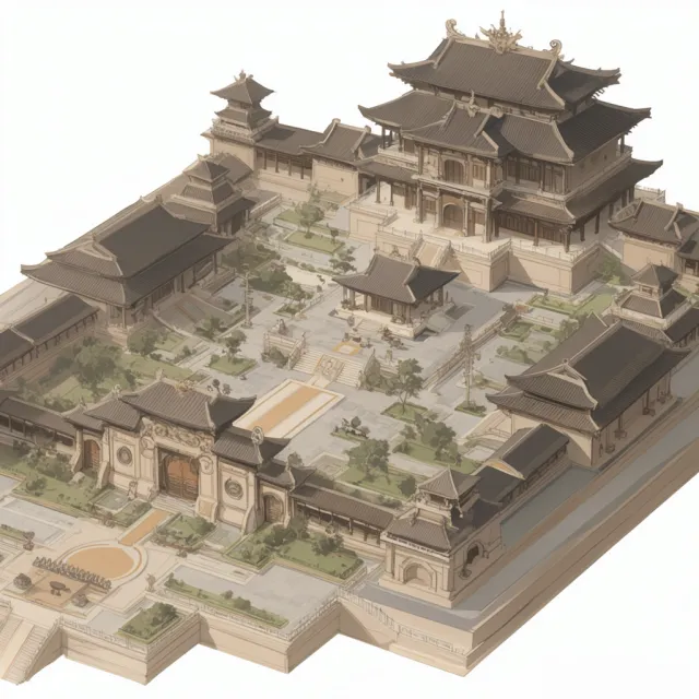 Isometric architectural illustration of an ancient Chinese temple complex showing… - Krea 2 Large