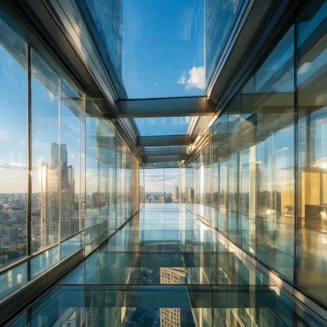 Photorealistic rendering of a contemporary glass skybridge between two skyscrapers, seen from inside with city views visible through glass walls and floor. Show accurate reflections and structural details. - Krea 2 Large
