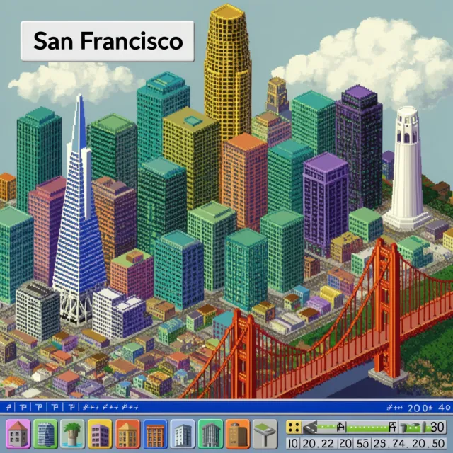 Pixel art cityscape of San Francisco in the iconic SimCity 2000 style, isometric view… - Krea 2 Large