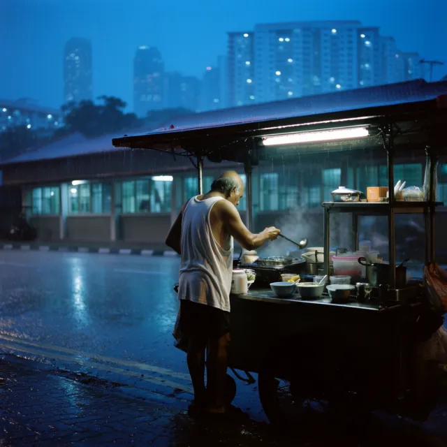 Rain-slicked Singapore street, 3 AM. A lone elderly hawker cleans his cart under one… - Krea 2 Large
