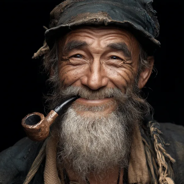 A 4K photo of an old fisherman with a weathered face and a pipe, grinning - Midjourney v7