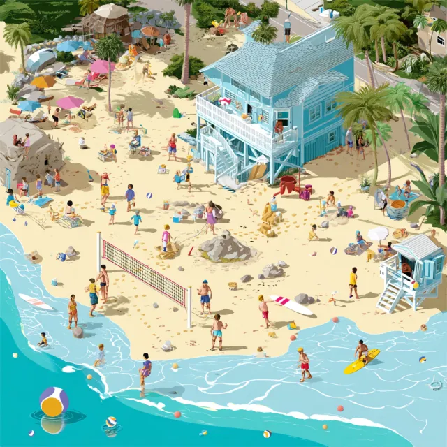 A beach scene: adults playing volleyball, kids building sandcastles, and surfers riding… - Midjourney v7