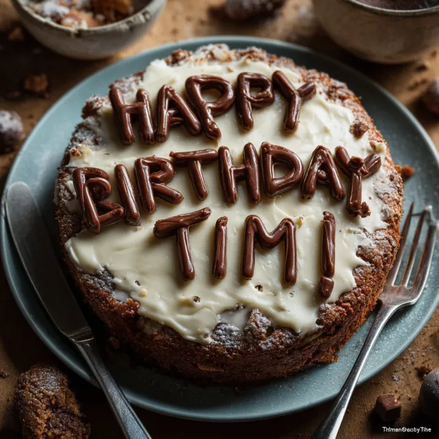 A birthday cake with icing that spells "Happy Birthday Tim!" on top, food photography… - Midjourney v7