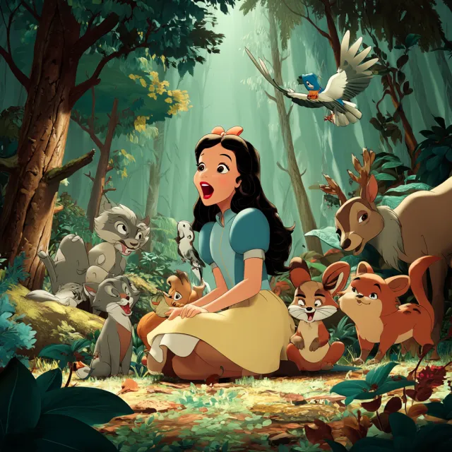 A classic Disney-like 2D cartoon princess singing with animals in a forest - Midjourney v7
