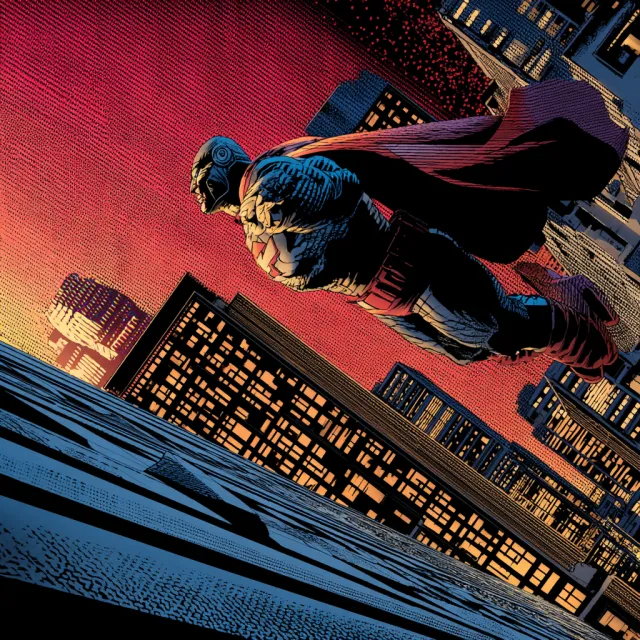 A comic-book style superhero flying over a city at night, with halftone shading - Midjourney v7