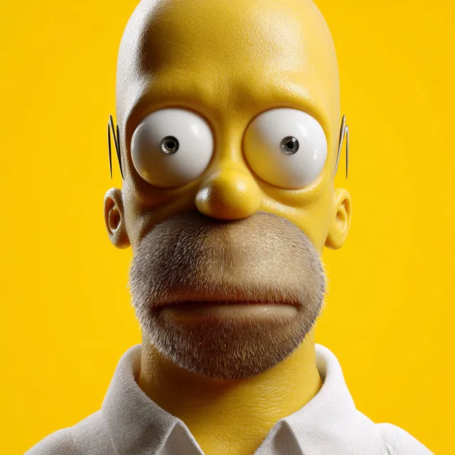 A famous cartoon character (e.g. Homer Simpson) rendered fully photorealistically as if a… - Midjourney v7