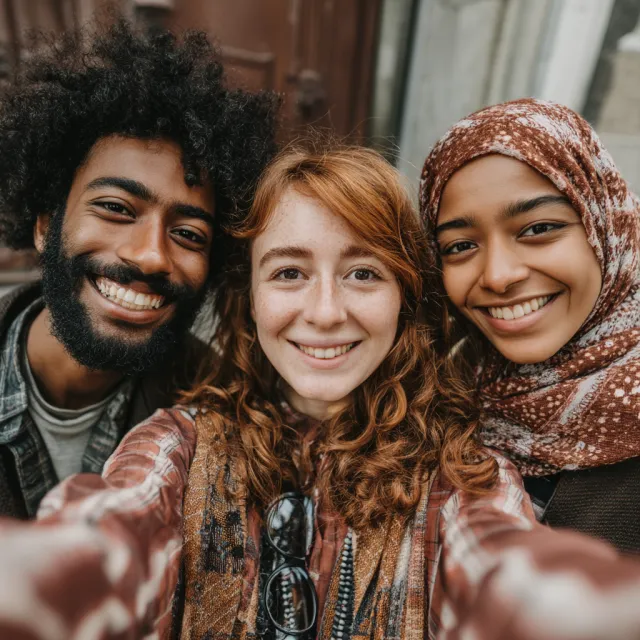 A group selfie of three friends of different ethnic backgrounds smiling at the camera. - Midjourney v7