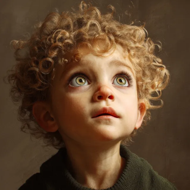 A hyper-realistic photo of a toddler with curly hair and big eyes, looking upward - Midjourney v7