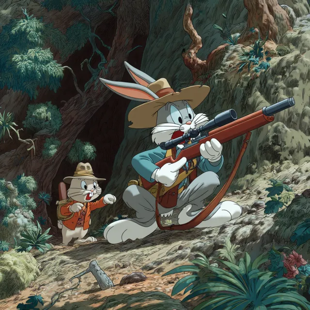 A Looney Tunes-inspired cartoon scene of a clever rabbit tricking a hunter - Midjourney v7