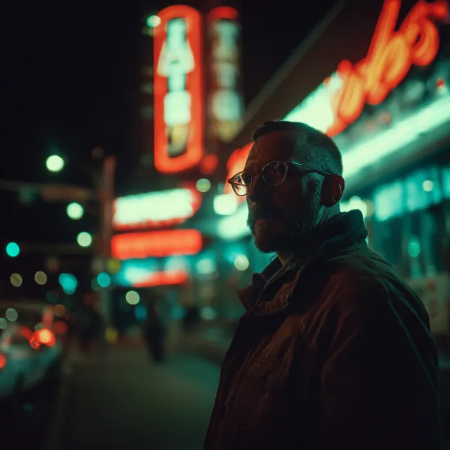 A nighttime portrait of a man lit by neon signs on a city street - Midjourney v7