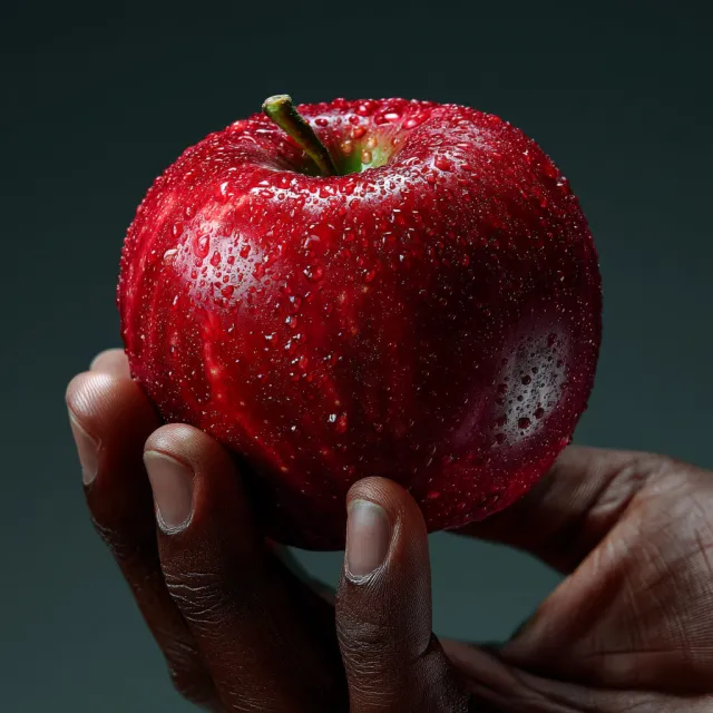 A realistic photo of a hand holding a red apple, with all fingers clearly visible. - Midjourney v7