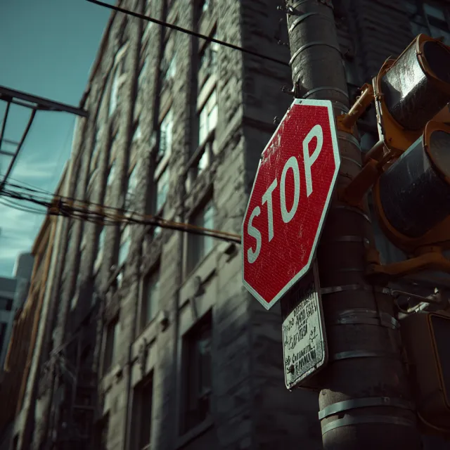 A red stop sign on a street corner displaying the word "STOP", photorealistic urban… - Midjourney v7