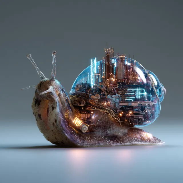 A snail whose shell contains a miniature city skyline, depicted in a hyperrealistic macro… - Midjourney v7