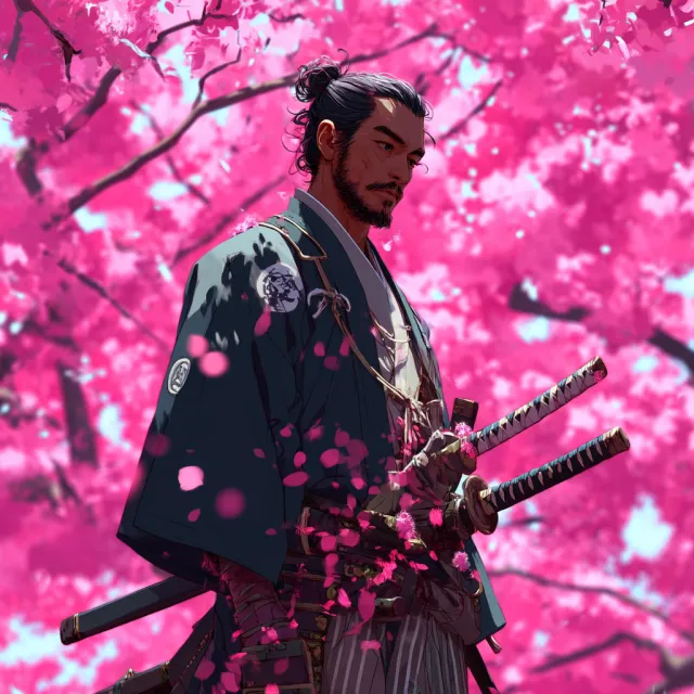 An anime-style portrait of a samurai standing under pink cherry blossoms - Midjourney v7