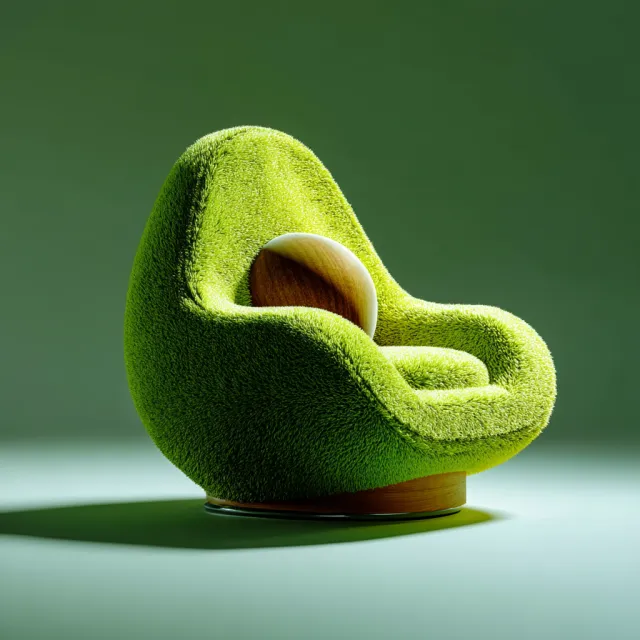 An armchair designed in the shape of an avocado, presented in a contemporary product… - Midjourney v7