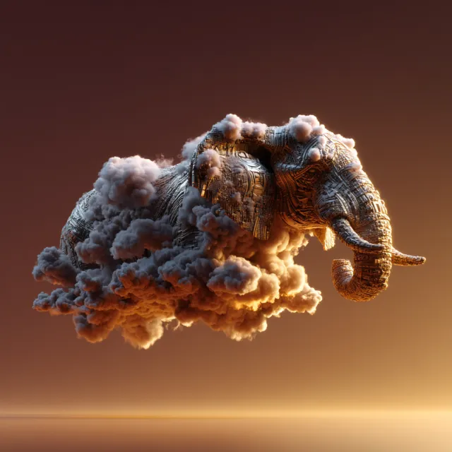 An elephant made of clouds floating in a sunset sky, rendered in a surrealist… - Midjourney v7