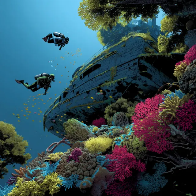 An underwater scene with scuba divers exploring a coral reef alongside colorful fish and a sunken ship. - Midjourney v7