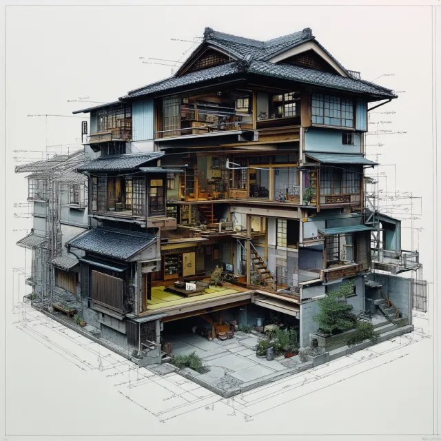 Cutaway architectural drawing of a traditional Japanese machiya townhouse showing all… - Midjourney v7