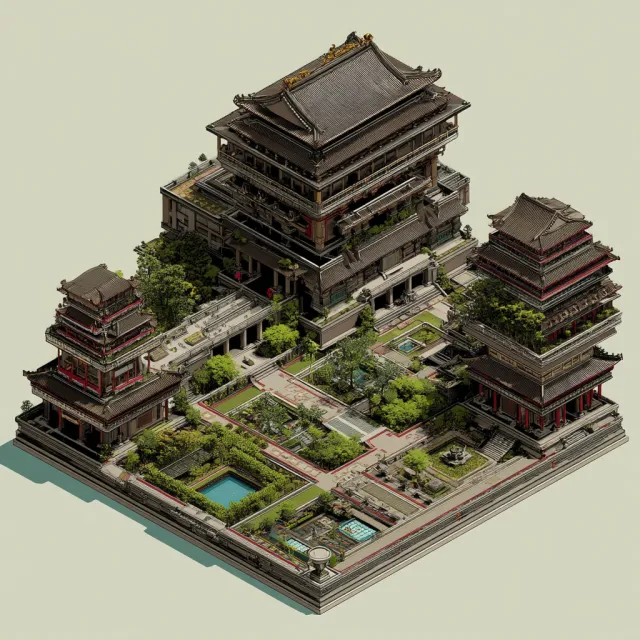 Isometric architectural illustration of an ancient Chinese temple complex showing… - Midjourney v7