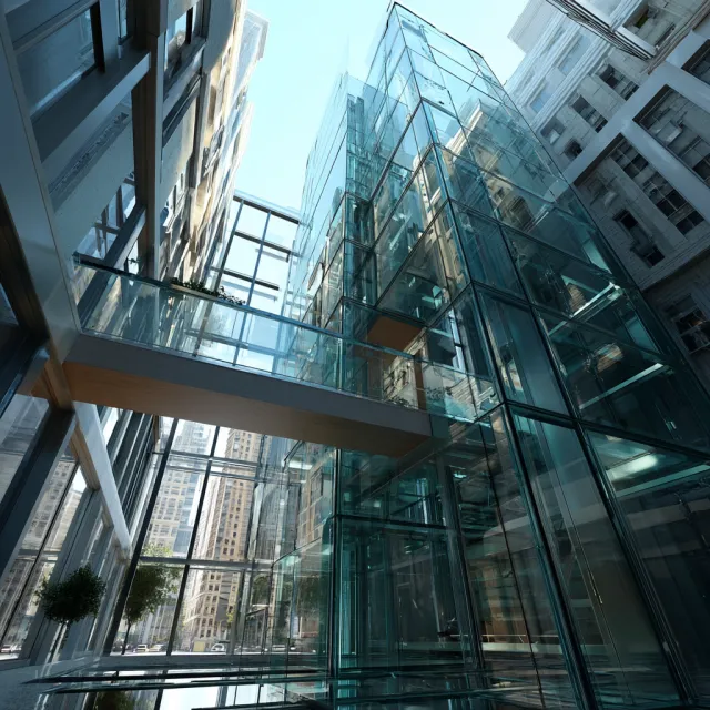Photorealistic rendering of a contemporary glass skybridge between two skyscrapers, seen from inside with city views visible through glass walls and floor. Show accurate reflections and structural details. - Midjourney v7