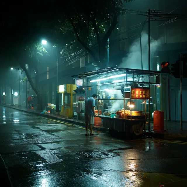 Rain-slicked Singapore street, 3 AM. A lone elderly hawker cleans his cart under one… - Midjourney v7