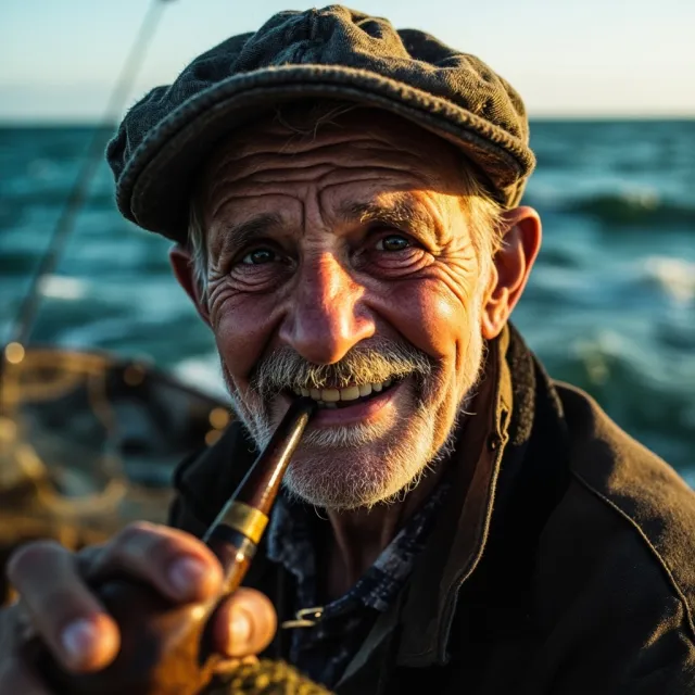 A 4K photo of an old fisherman with a weathered face and a pipe, grinning - MiniMax Image-01