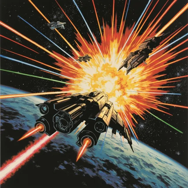 A 90s anime-style space battle scene with giant starships and laser beams. - MiniMax Image-01