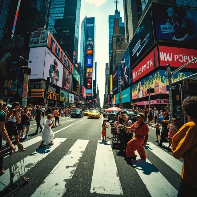 A busy city intersection with cars, pedestrians, and street performers all in one frame - MiniMax Image-01