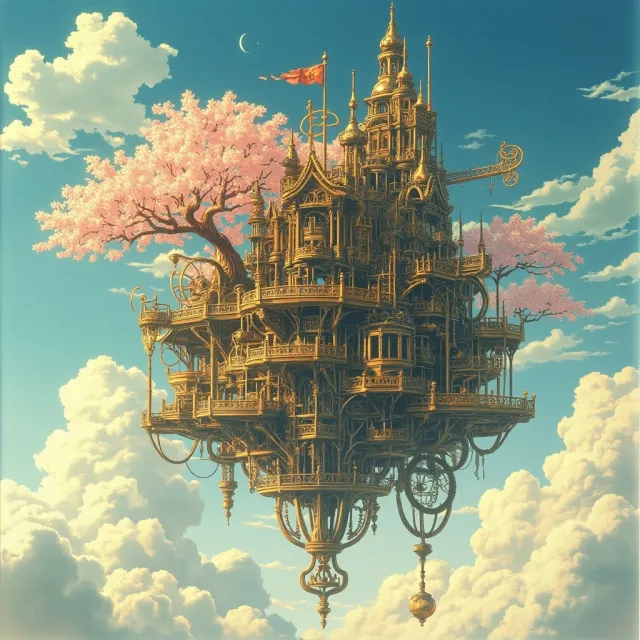 A floating steampunk castle in the sky with intricate mechanical gears and cherry blossom… - MiniMax Image-01