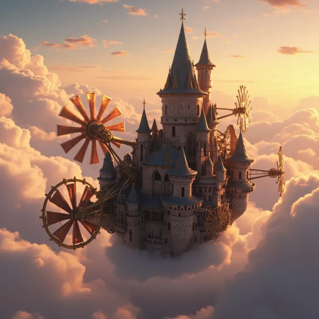 A flying castle floating in clouds at sunrise. Match the visual aesthetic of 'Howl's… - MiniMax Image-01