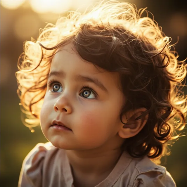 A hyper-realistic photo of a toddler with curly hair and big eyes, looking upward - MiniMax Image-01