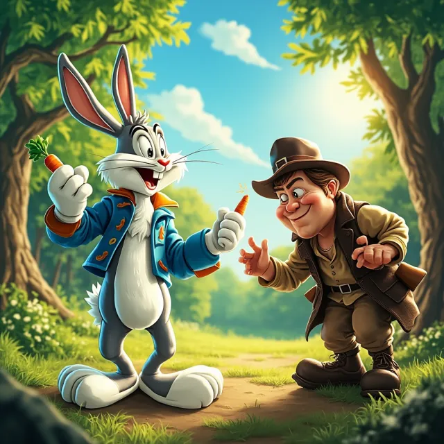 A Looney Tunes-inspired cartoon scene of a clever rabbit tricking a hunter - MiniMax Image-01