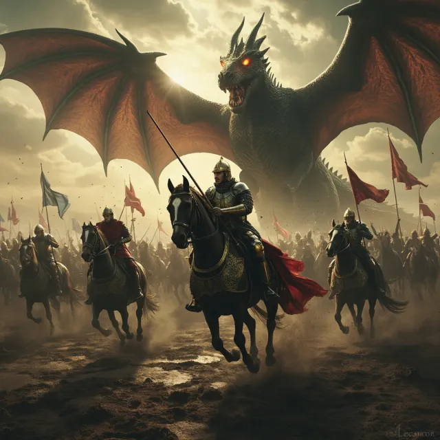 A medieval battlefield with knights on horseback and a dragon flying overhead - MiniMax Image-01
