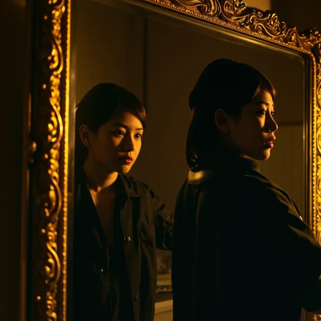 A person standing before a mirror, with their front and reflected back both visible - MiniMax Image-01