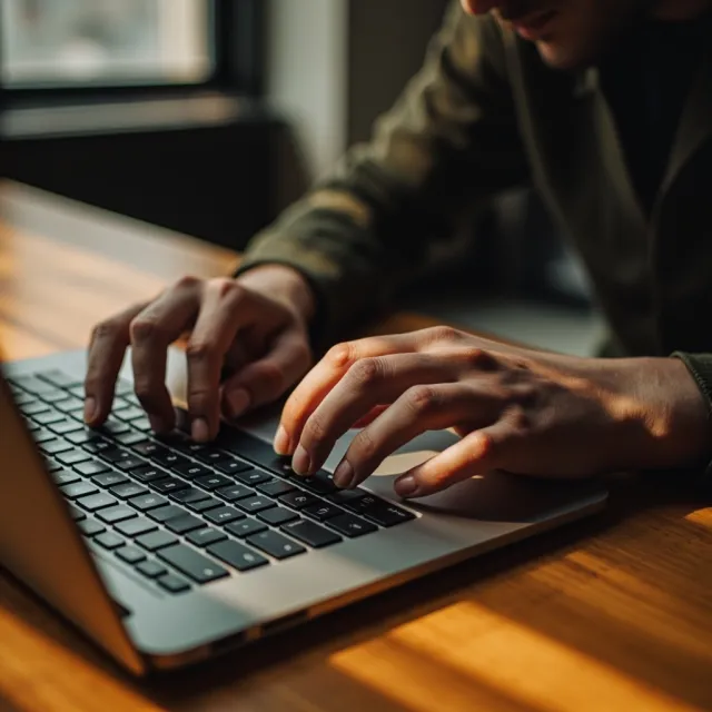 A person typing on a laptop keyboard, showing both hands on the keys - MiniMax Image-01