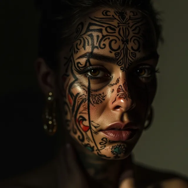 A portrait of a person with elaborate facial tattoos and piercings, shown in sharp detail - MiniMax Image-01