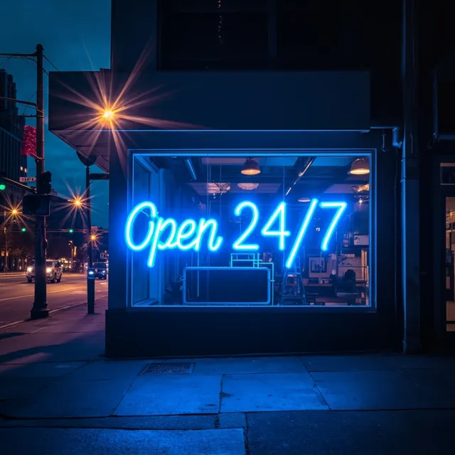 A storefront sign that says "Open 24/7" in neon lights, nighttime urban photography - MiniMax Image-01