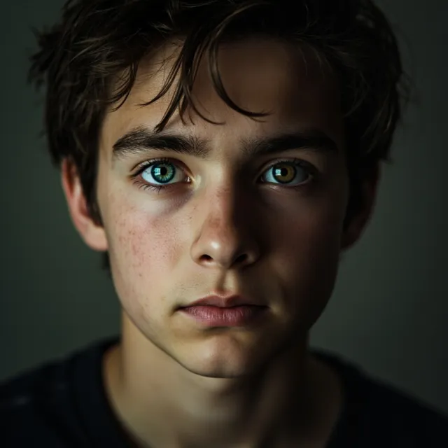 A studio headshot of a young man with one blue eye and one green eye (heterochromia) - MiniMax Image-01