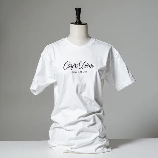 A wrinkled white T-shirt with "Carpe Diem" in bold serif font and "Seize The Day" in… - MiniMax Image-01