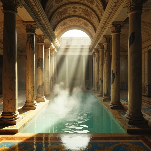 An ancient Roman bathhouse interior with accurate architectural details - marble columns… - MiniMax Image-01
