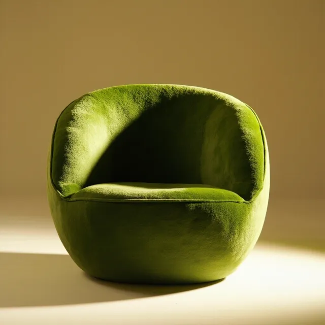 An armchair designed in the shape of an avocado, presented in a contemporary product photography style with professional studio lighting against a minimalist background. - MiniMax Image-01