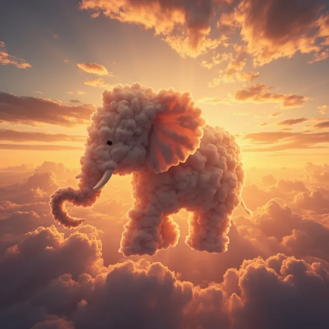 An elephant made of clouds floating in a sunset sky, rendered in a surrealist… - MiniMax Image-01