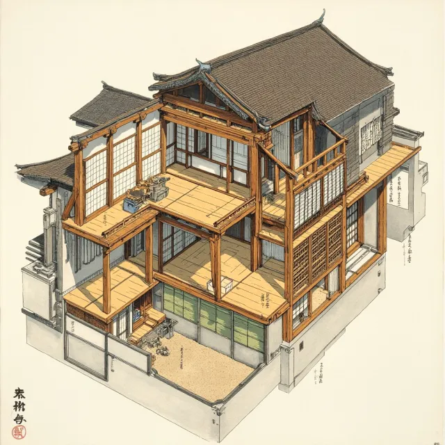 Cutaway architectural drawing of a traditional Japanese machiya townhouse showing all… - MiniMax Image-01