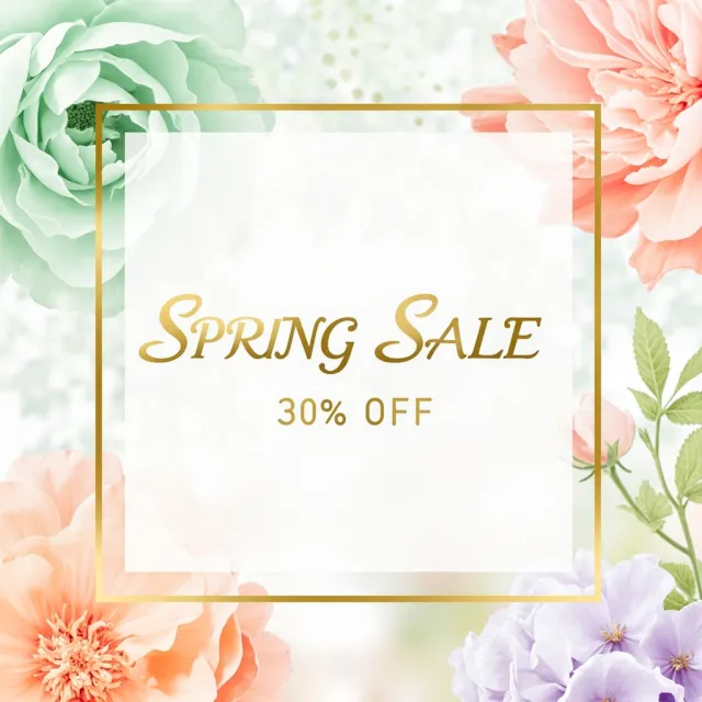 Instagram post graphic: 'SPRING SALE 30% OFF'. Floral background, pastel colors, elegant serif font style visually integrated. - MiniMax Image-01