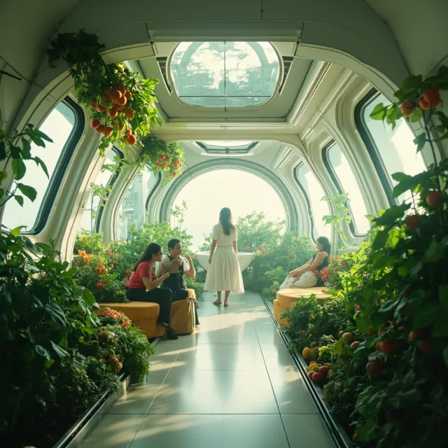 Interior of a futuristic space habitat with hydroponics gardens, communal areas, and… - MiniMax Image-01