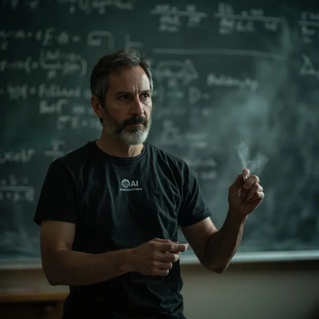 Photorealistic depiction of a man wearing a clearly visible black OpenAI-branded T-shirt… - MiniMax Image-01