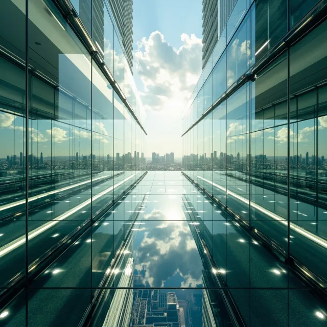 Photorealistic rendering of a contemporary glass skybridge between two skyscrapers, seen from inside with city views visible through glass walls and floor. Show accurate reflections and structural details. - MiniMax Image-01